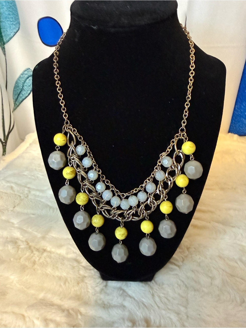 M&S Layered Statement Necklace Silver Tone Grey Yellow Beaded Boho